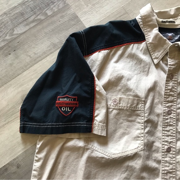 Mens Spellout Harley Davidson Mechanic Short Sleeve Button Up Navy/Tan 2XL - Picture 3 of 9